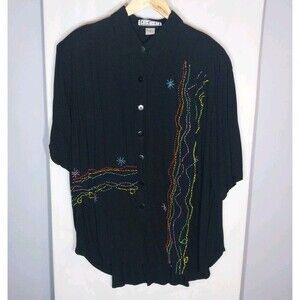 Vintage Bop 1X Black Rayon Beaded Art To Wear Blouse High Low Button Front